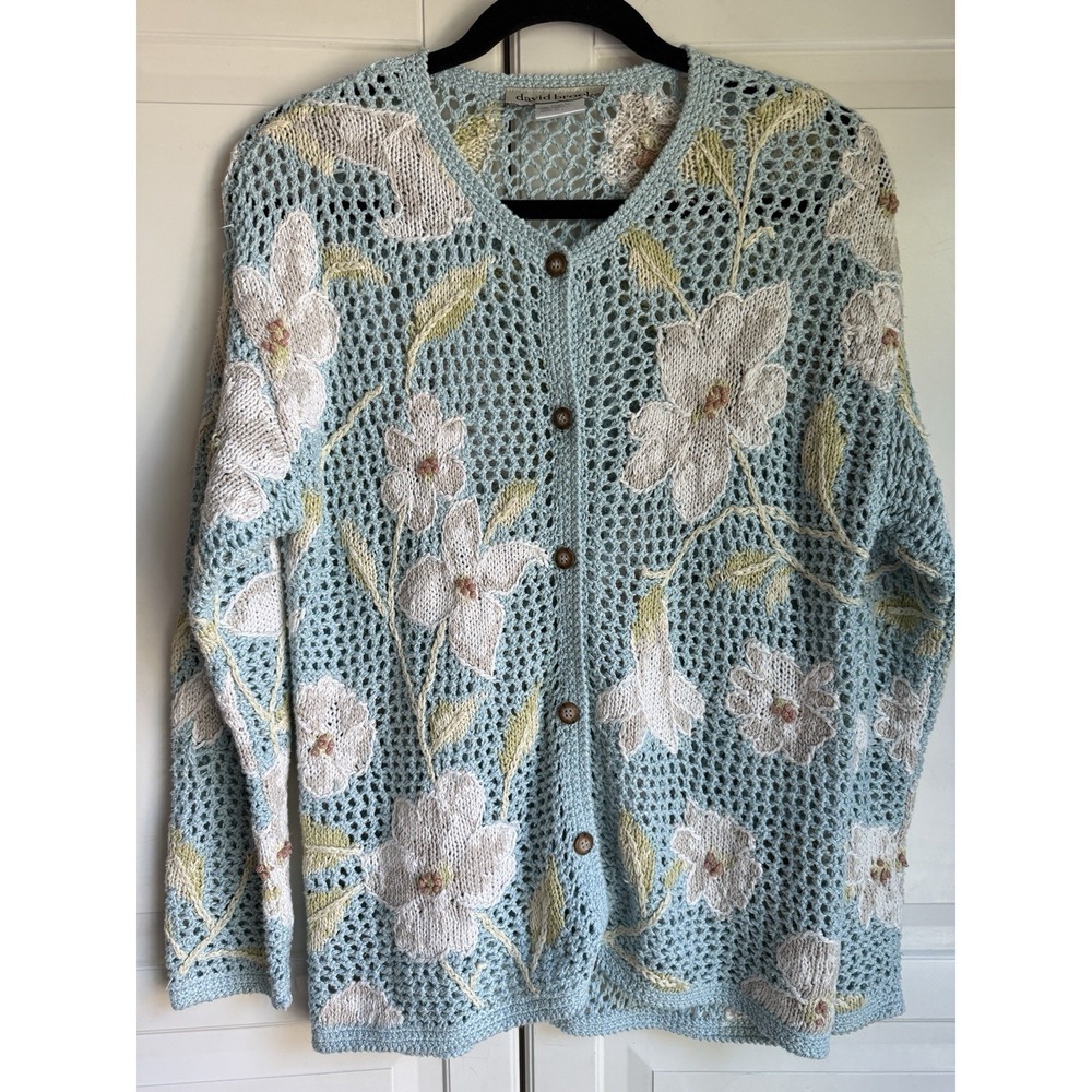 David Brooks Cardigan Open Weave Sweater Womens Medium Blue White Floral Vintage - Picture 8 of 10